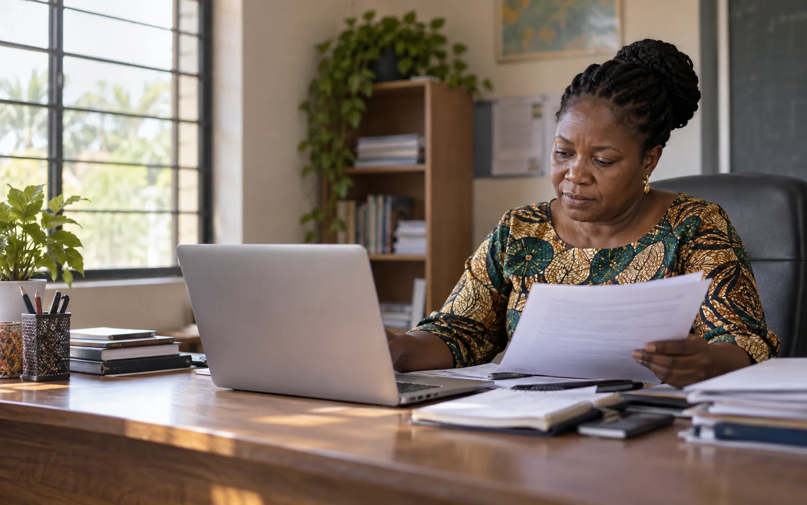 An education professional reading notes beside a laptop in a naturally lit office