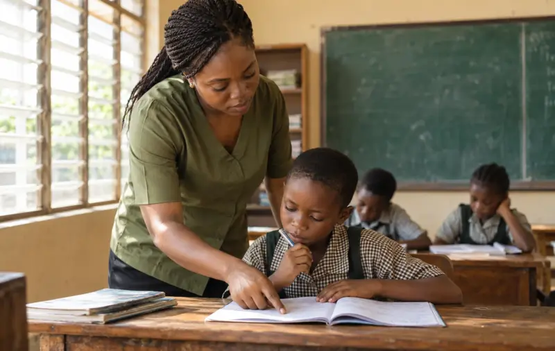A teacher helping a pupil with an exercise book in a naturally lit Nigerian classroom