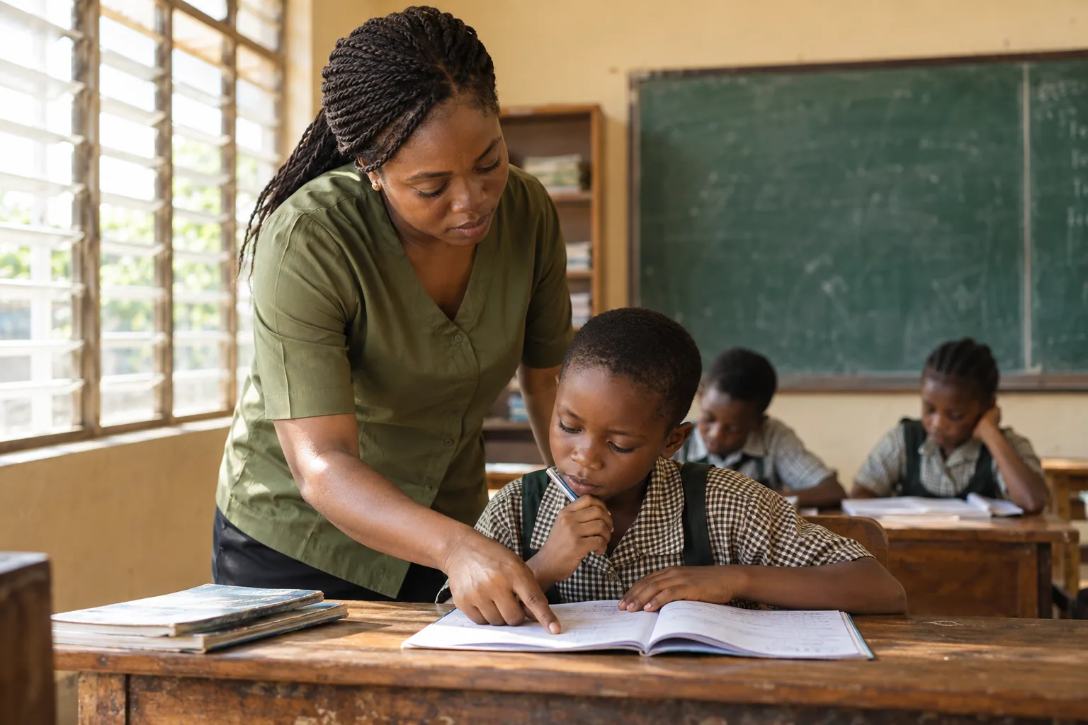 A teacher helping a pupil with an exercise book in a naturally lit Nigerian classroom