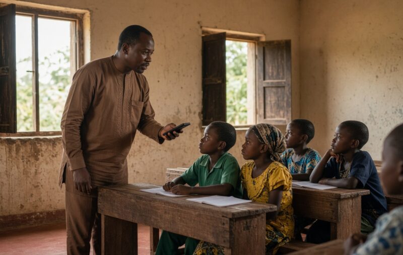 A teacher in a rural Nigerian classroom using a smartphone with a small group of pupils.