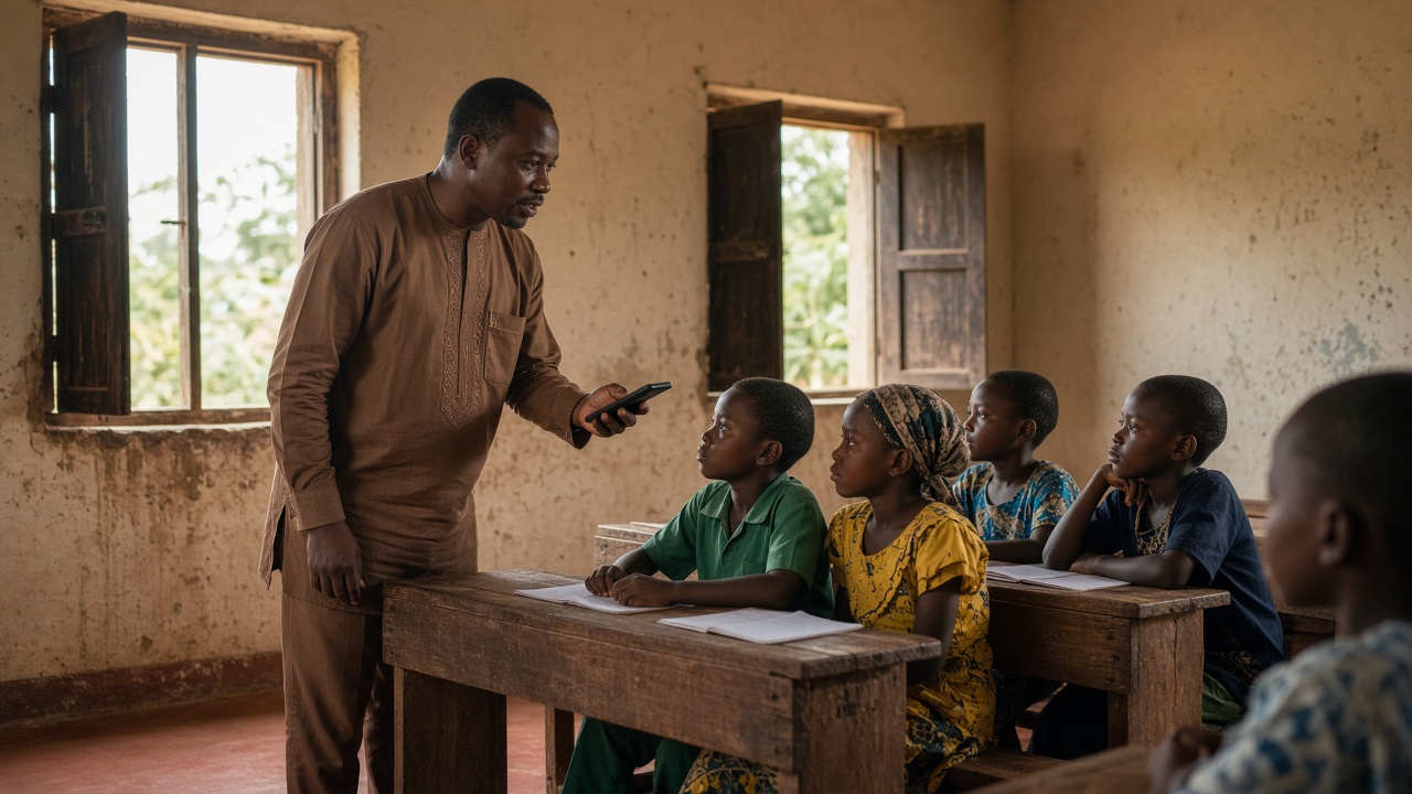 A teacher in a rural Nigerian classroom using a smartphone with a small group of pupils.