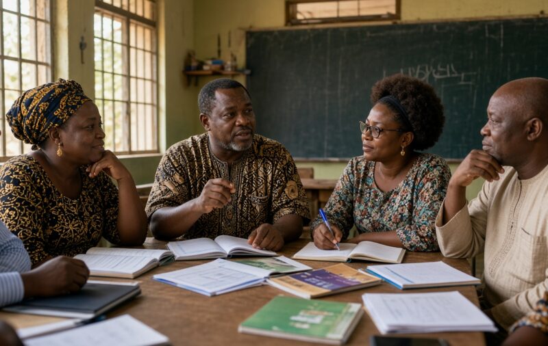Nigerian teachers gathered around a classroom table during a professional development workshop.