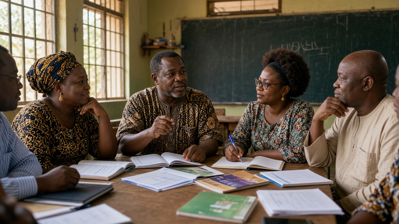 Nigerian teachers gathered around a classroom table during a professional development workshop.