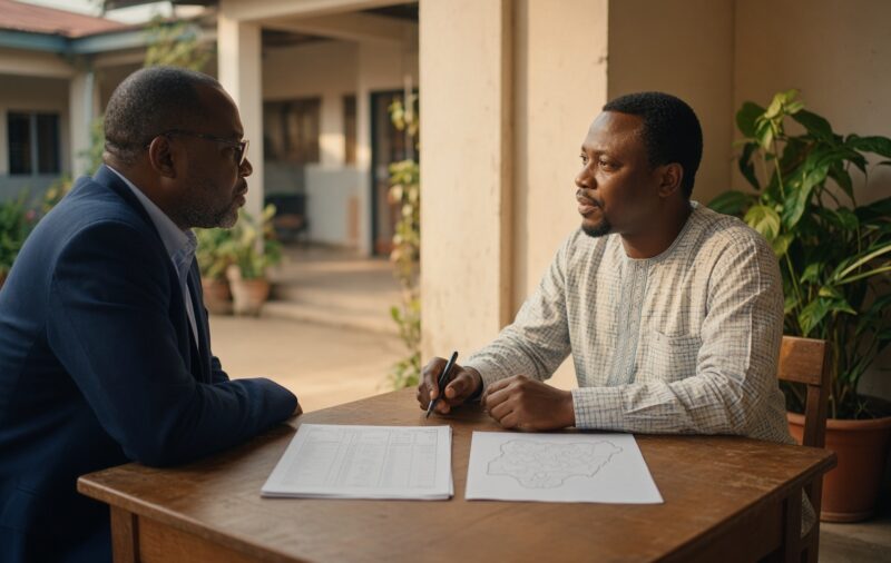A school leader and a teacher discussing placement under a shaded school veranda.