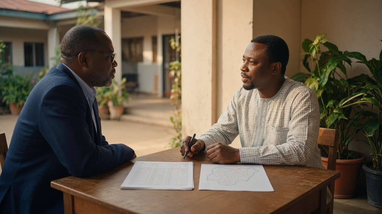 A school leader and a teacher discussing placement under a shaded school veranda.