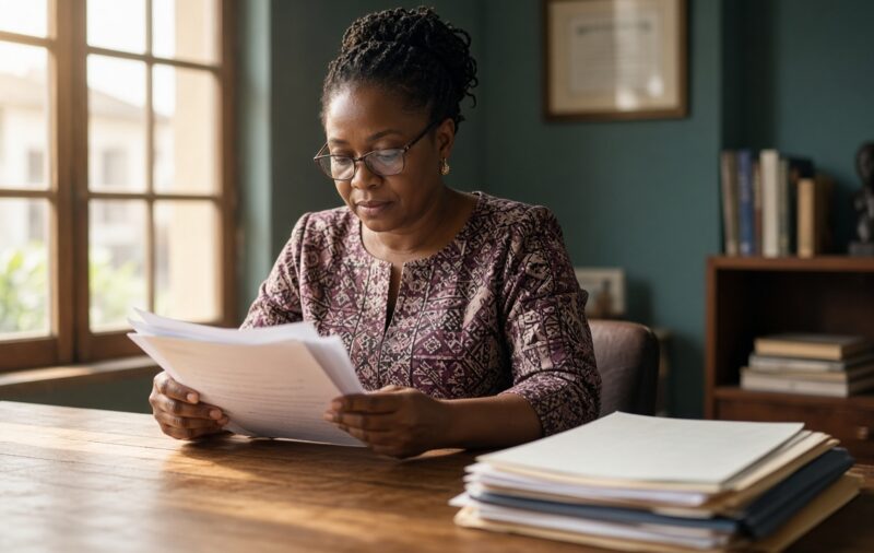 A Nigerian teacher reviewing professional documents at a sunlit desk.