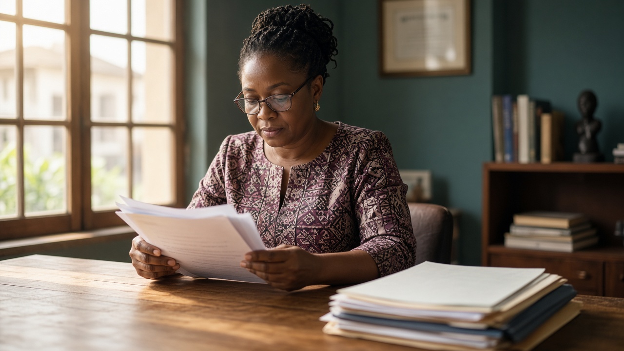 A Nigerian teacher reviewing professional documents at a sunlit desk.