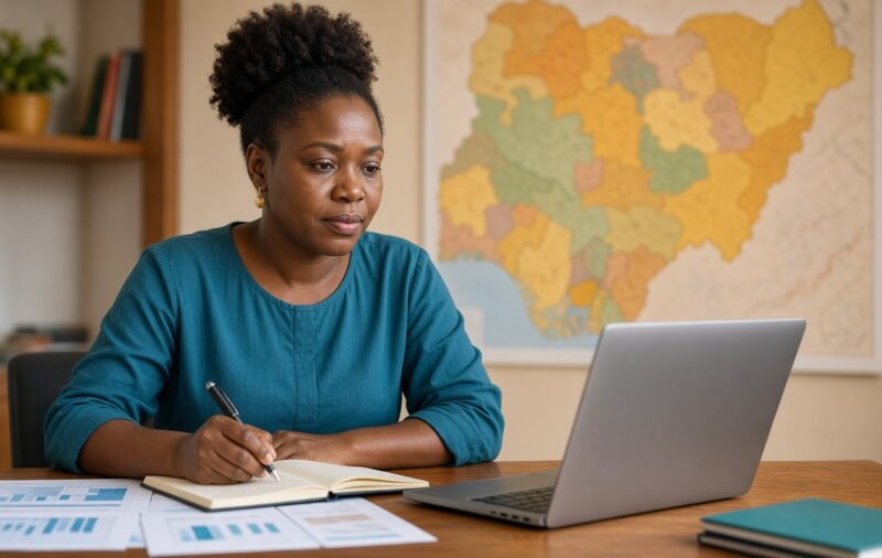 An education planner reviewing charts and notes at a desk, with a map of Nigeria in the background.