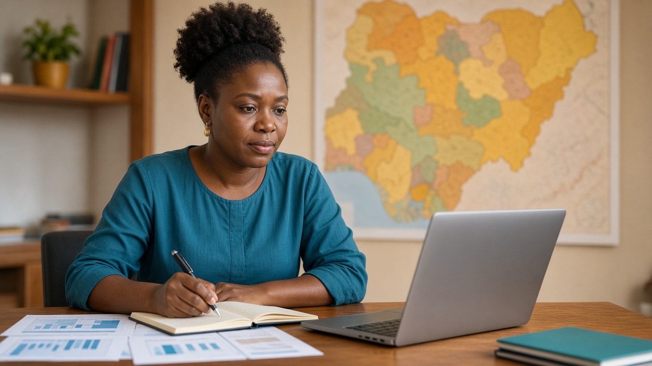 An education planner reviewing charts and notes at a desk, with a map of Nigeria in the background.